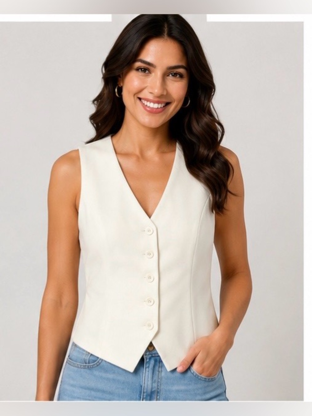 NWT moa moa Cream Button Front Tailored Vest Sleeveless Size Small